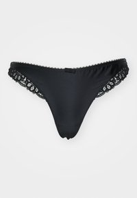 String noir en tissu lisse avec une finition en dentelle le long des bords. Présente un petit nœud en détail au centre de la ceinture avant.
