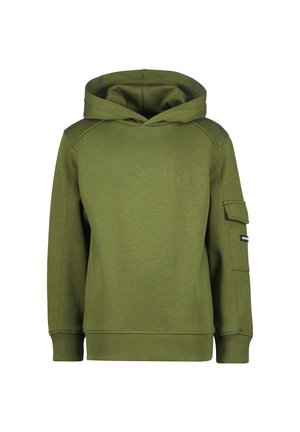 Sudadera con capucha verde hecha de tela suave. Cuenta con un bolsillo tipo canguro en la parte delantera, puños acanalados y un pequeño logo en el pecho. Capucha con un amplio escote.