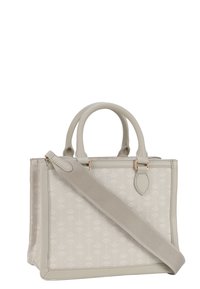 Borsa a mano strutturata beige con motivo floreale, doppio manico superiore e una larga tracolla regolabile inclinata sulla parte anteriore.