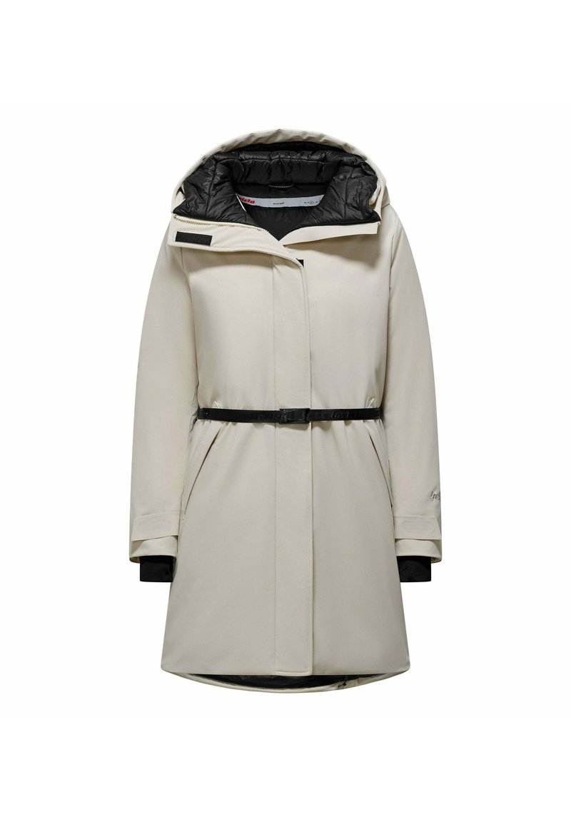 Cappotto impermeabile beige chiaro, con interno trapuntato nero, cintura regolabile in vita e grande cappuccio con foderato interno.