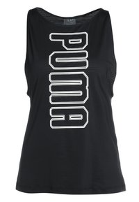 Svart ärmlös tanktop tillverkad av andningsbart tyg, med stor vit "PUMA"-text vertikalt ned längs framsidan. Slät textur, rund halsringning.