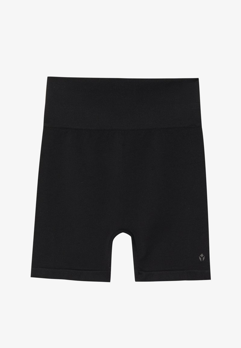 Shorts de sport noirs avec une large ceinture élastique, fabriqués dans un tissu lisse et extensible. Comprend un petit logo en bas à droite.