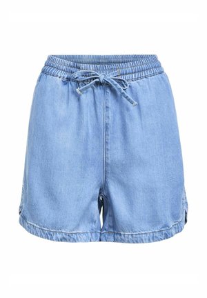 Vaaleansiniset farkkushortsit, joissa on elastinen vyötärö ja nyöri, sivuhalkiot sekä rento ja tilava malli.