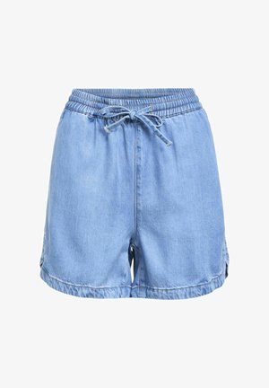 Vaaleansiniset farkkushortsit, joissa on elastinen vyötärö ja nyöri, sivuhalkiot sekä rento ja tilava malli.