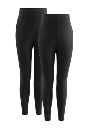 Due paia di leggings neri semplici a vita alta mostrati da davanti e da dietro su sfondo bianco.