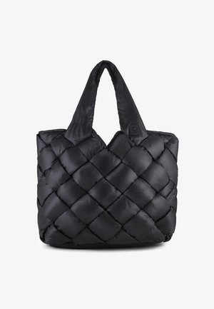 Black quilted tote bag made of padded material. Features two wide handles and a textured, puffy surface with a diagonal pattern.