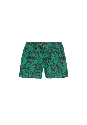 Bañador de hombre con estampado floral verde sobre fondo oscuro y cintura con cordón marrón.