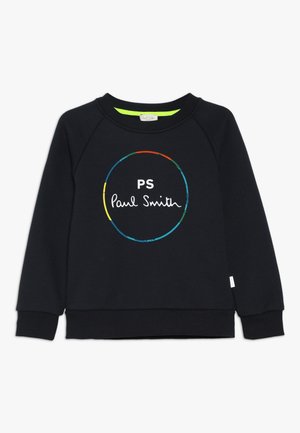 Sweat-shirt bleu foncé avec un logo rond. Texte blanc « PS Paul Smith » au centre, entouré d'un cercle multicolore. Bordures côtelées aux poignets et à l'ourlet.