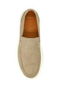 Beige suede slip-on shoe with a white rubber sole, featuring stitched detailing and a smooth interior lining. Brand name visible inside.