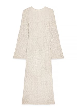 Pitkä, kermaisen värinen mekko, jossa on teksturoitu kangas, pyöreä pääntie ja leveät hihat. Yksinkertainen, suora siluetti ilman näkyviä kiinnityksiä.