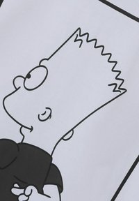 Zwart-witte illustratie van een cartoonfiguur met stekelig blond haar, gekleed in een zwart shirt, die naar links kijkt met een speelse uitdrukking.