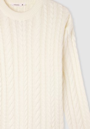 Maglione a collo rotondo in maglia cable color crema, con pattern testurizzati e dettagli a coste ai polsini e all'orlo.