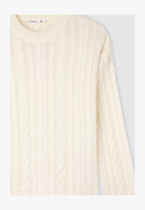 Maglione a collo rotondo in maglia cable color crema, con pattern testurizzati e dettagli a coste ai polsini e all'orlo.