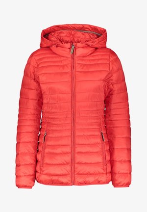 Rode donsjas met capuchon. Heeft een verticaal doorgestikt ontwerp, ritssluiting aan de voorkant en twee zijzakken met rits. Gladde textuur.