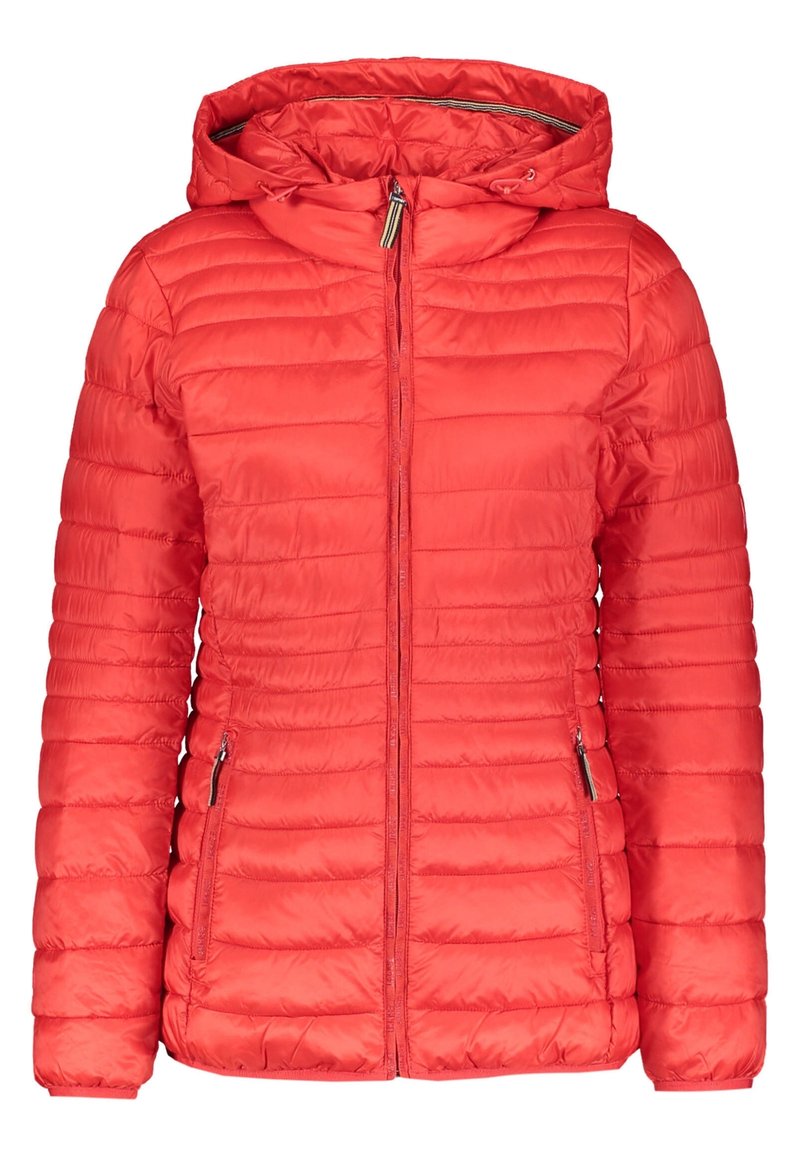 Veste matelassée rouge avec capuche. Présente un design matelassé vertical, une fermeture éclair frontale et deux poches latérales zippées. Texture lisse.