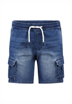 Donkerblauwe denim cargo shorts, met een elastische tailleband met trekkoord, twee zijzakken en witte stiksels.