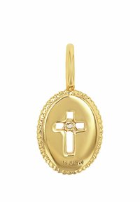 Goldener Anhänger in ovaler Form, mit einem ausgeschnittenen Kreuzdesign in der Mitte. Enthält einen strukturierten, gewellten Rand. Markierungen auf der Rückseite.