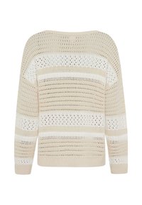 Pull en maille rayé beige et blanc avec motif ajouré, manches longues et poignets et ourlet côtelés.
