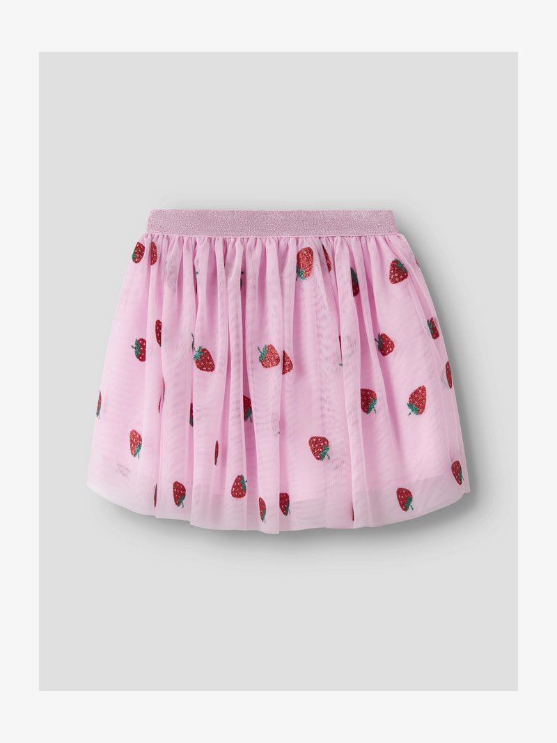 Ružová tylová sukňa s trblietavým elastickým pásom, ozdobená červenými motívmi jahôd rozptýlenými po celej látke.