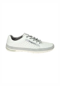 Weiße und graue perforierte Sneaker aus synthetischem Material, mit gepolsterter Zunge, runder Zehenpartie und Gummisohle. Markenlogo angebracht.