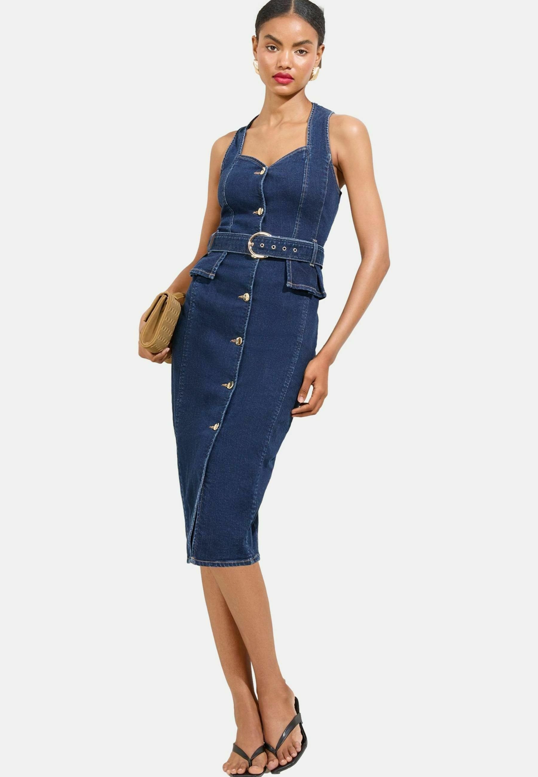 Lipsy BELTED DETAIL MIDI - Denim dress - dark wash blue/blue - Zalando
