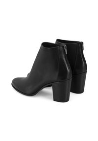 Botas de cuero negro hasta el tobillo con una textura suave, punta afilada y tacón cuadrado. Cierre con cremallera en la parte trasera y diseño minimalista.