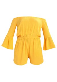 Gul avställd romper med elastisk midja, texturerat tyg och breda, utsvängda trekvartslånga ärmar.