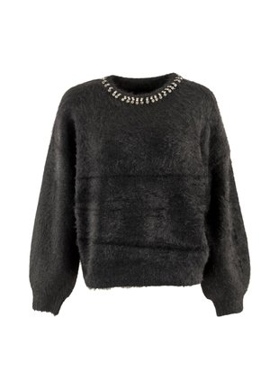 Pull en tricot noir avec une texture duveteuse, col rond orné de strass et longues manches légèrement surdimensionnées.