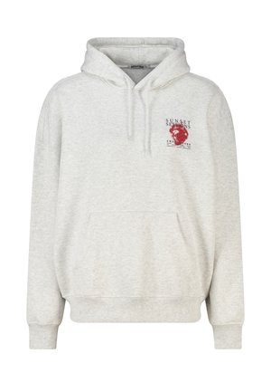 Sweat à capuche gris clair avec poche avant, cordon de serrage à la capuche, et petit motif rouge avec le texte "Sunset Sessions" sur la poitrine gauche.