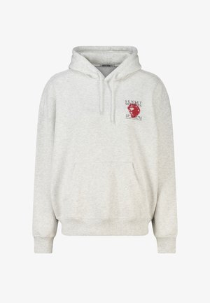 Sweat à capuche gris clair avec poche avant, cordon de serrage à la capuche, et petit motif rouge avec le texte "Sunset Sessions" sur la poitrine gauche.