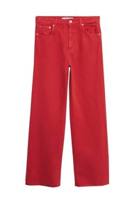 Jean rouge vif, taille haute, jambes larges, avec cinq poches et passants de ceinture, présenté à plat sur fond blanc.