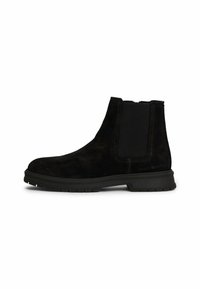 Zwarte suède Chelsea-boots met elastische zijpanelen, rubberen zool en een gladde textuur, met logo-embossing op de hak.