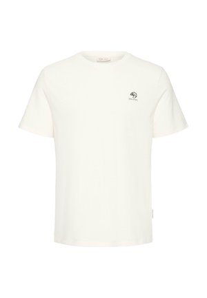 Hvid t-shirt med korte ærmer med lille sort croissantgrafik og teksten "stay crispy" på venstre bryst.