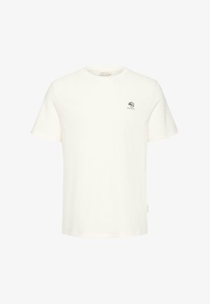 Hvid t-shirt med korte ærmer med lille sort croissantgrafik og teksten "stay crispy" på venstre bryst.