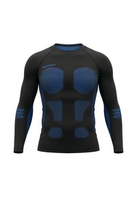 Long-sleeve athletic top made of black fabric with blue horizontal stripes. Features a fitted design and reinforced stitching on sleeves.