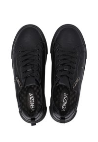 Schwarze Lederturnschuhe mit Schnürung und Reißverschluss, strukturiertem Innenfutter und Logo auf der Zunge. Sie verfügen über ein glattes Obermaterial und eine langlebige Gummisohle.
