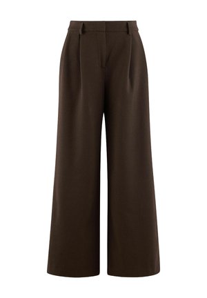 Breda byxor i mörkbrun tyg, med platt framsida, veck och bälteshällor. Slät yta med skräddarsydd design.