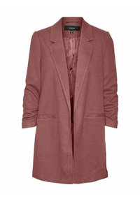Růžový blazer s přiléhavým střihem, klopami, dlouhými rukávy a dvěma předními kapsami. Hladká podšívka, texturovaná vnější tkanina.
