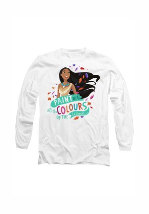 White long-sleeve shirt featuring a graphic of a woman with long black hair and a necklace, surrounded by colorful leaves and text.