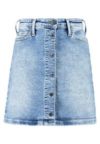 Džínsová sukně v světle modré barvě, s předním zapínáním na knoflíky, pěti kapsami a poutky na opasek. Klasický střih do A se zdrsněným lemem.