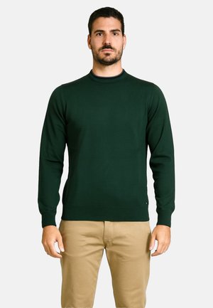 Uomo in piedi di fronte, che indossa un maglione a maniche lunghe verde scuro e pantaloni beige su uno sfondo neutro.
