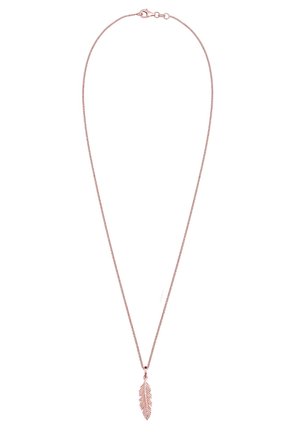 Rose gold kæde med en delikat fjerformet vedhæng hængende fra midten på en hvid baggrund.