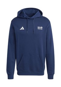 Dunkelblaue Kapuzenjacke mit Fronttasche, Adidas-Logo auf der linken Brust und "BMW Berlin Marathon"-Text mit Icon auf der rechten Brust.