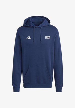 Marineblå hoodie med frontlomme, Adidas-logo på venstre bryst og "BMW Berlin Marathon" tekst med ikon på højre bryst.