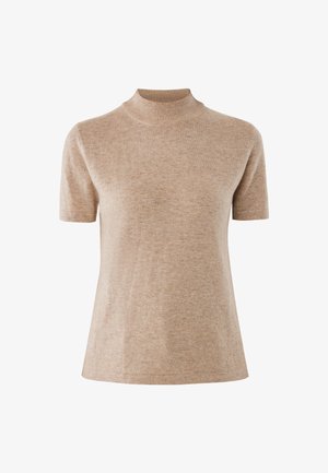 Beige korte mouwen gebreide top met hoge ronde halslijn, geribbelde kraag en zachte textuur.