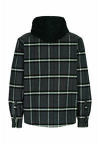 Graues kariertes Hemd mit dunkelgrünem Kapuzen. Es verfügt über lange Ärmel, Knopfmanschetten und ein kariertes Muster mit schwarzen und weißen Linien.