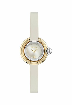 Õhuke Furla käekell valge nahkrihma, kullavärvi ja hõbedase ümmarguse raamiga ning minimalistliku valge sihverplaadiga, mis näitab aega 10:10.