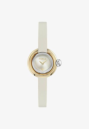 Reloj de pulsera Furla delgado con correa de cuero blanca, bisel redondo en oro y plata, y esfera blanca minimalista que muestra la hora 10:10.
