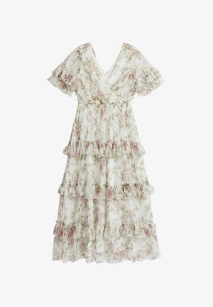 Florales Maxikleid aus durchscheinendem weißen Stoff, mit V-Ausschnitt, rüschigen kurzen Ärmeln und gestuften Lagen mit rosa und grünen Blumendrucken.