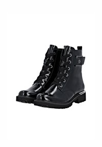 Bottines en cuir verni noir avec un design à lacets, semelle en caoutchouc et accent matériel sur le côté. Présente une finition texturée et une construction robuste.